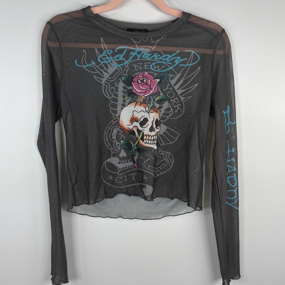Ed Hardy Mesh Top Womens Large Grey Skull Rose Graphic Y2K Cyber Grunge VTG NYC